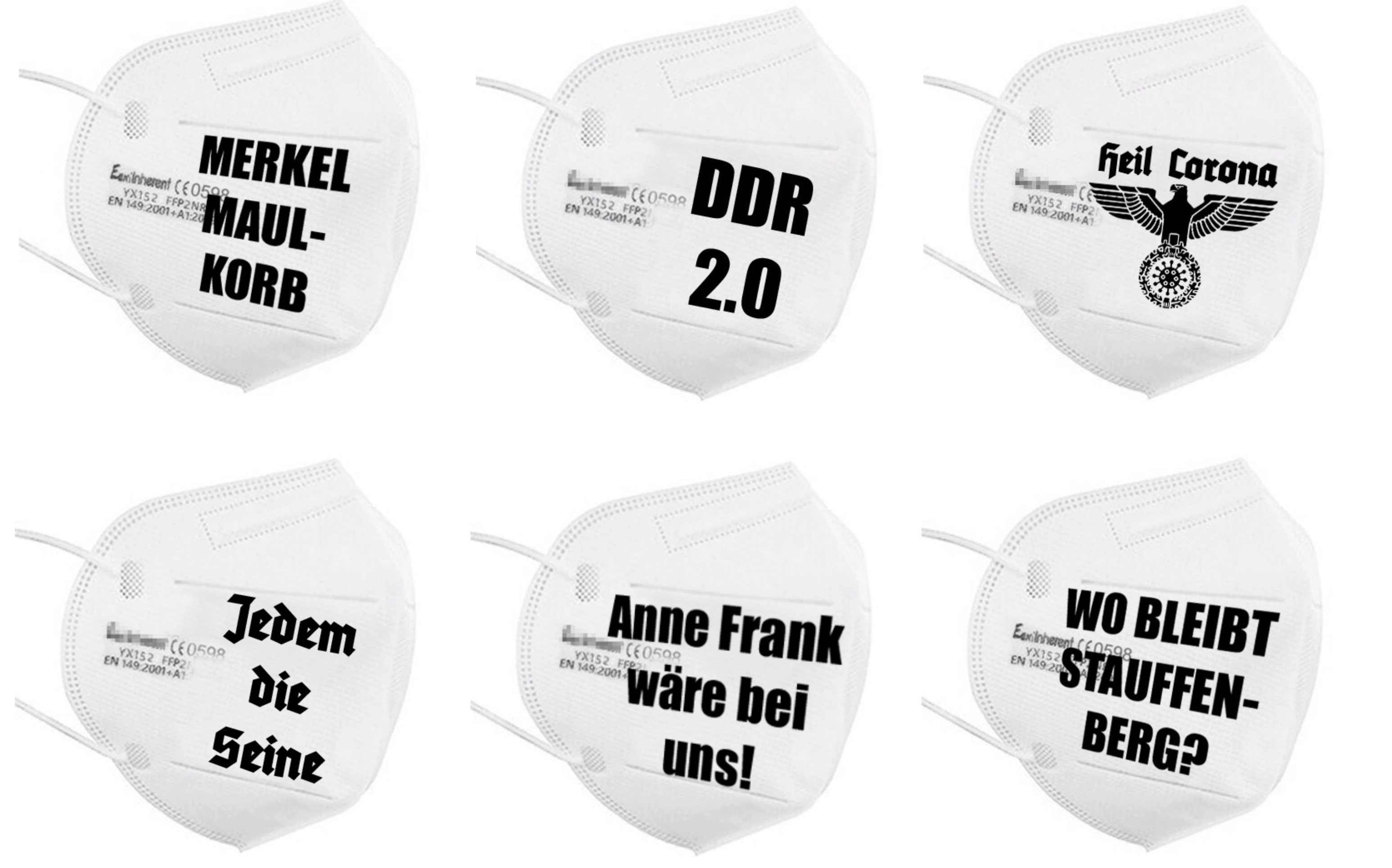 Picture of six face masks with various imprints from the radical right online politaufkleber.de. Some of the imprints compare today’s Germany with the GDR; others make reference to the Nazi era.